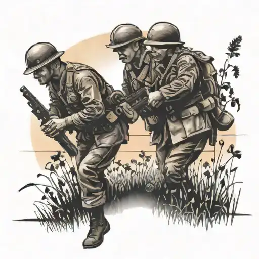 two soldiers walking though poppy field with cannons in the field and a sunset in back ground  tattoo design idea