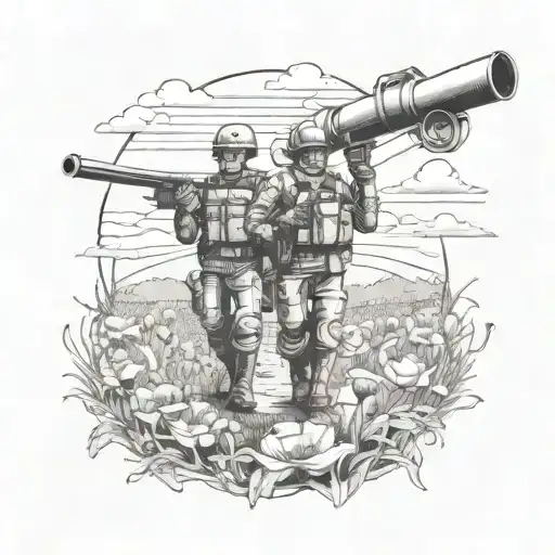 two soldiers walking though poppy field with cannons in the field and a sunset in back ground tattoo design idea