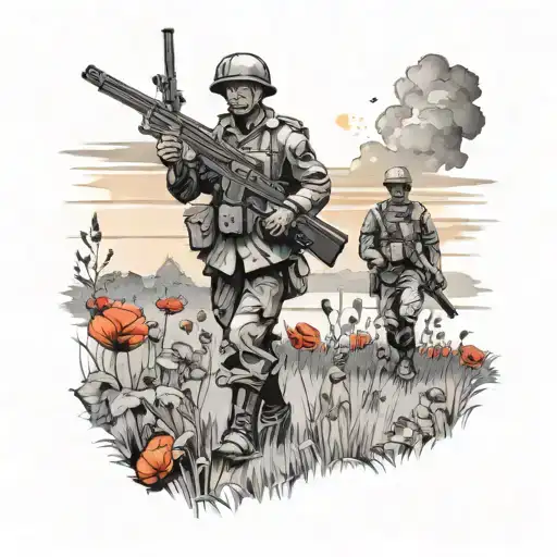 two soldiers with big shadows in front walking though poppy field with cannons in the field and a sunset tattoo design idea