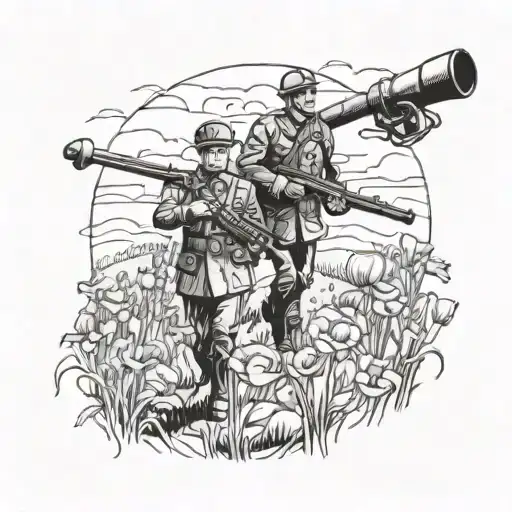 two soldiers walking though poppy field with cannons  tattoo design idea
