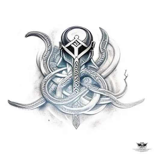 full sleeve norse methology tattoo with mjolnir and Jörmungandr Jörmungandr wrapped around the arm on the upper arm. tattoo design idea