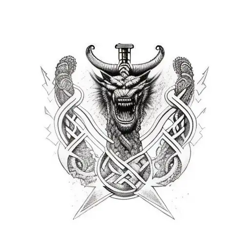 full sleeve norse methology tattoo with mjolnir and Jörmungandr Jörmungandr wrapped around the arm on the upper arm. tattoo design idea