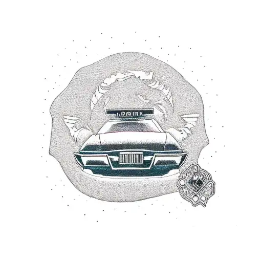 A modern car drifting in the snow, with a gangsta rap lyric written in the background tattoo design idea