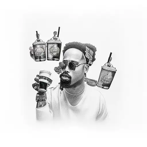 A group of friends in a gangsta rap style, holding coffee cups and whisky glasses tattoo design idea