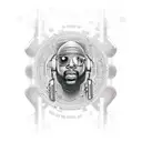 A programmer coding with a gangsta rap theme, surrounded by modern technology and whisky bottles tattoo design idea