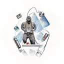 A programmer coding with a gangsta rap theme, surrounded by modern technology and whisky bottles tattoo design idea