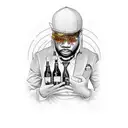 A programmer coding with a gangsta rap theme, surrounded by modern technology and whisky bottles tattoo design idea