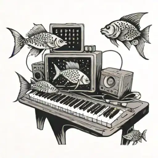 A dotwork tattoo of a school of metal music inspired fish swimming around a computer keyboard in an aquarium tattoo design idea