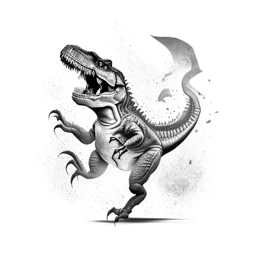 A T-rex breakdancing to a rock and hip hop fusion beat tattoo design idea