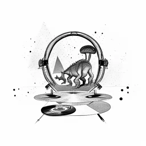 A rock and hip hop mashup with a dinosaur DJ spinning vinyl records tattoo design idea