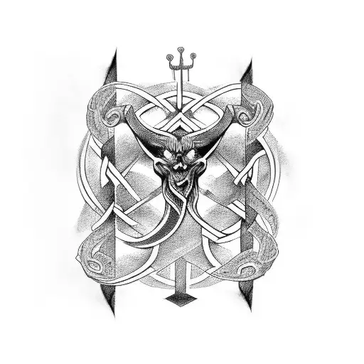Arm sleeve in black and white, Viking, Celtic, vegvisir, Anglo-Saxo Futhark runes, yggdrasil, fenrir, snake tattoo design idea