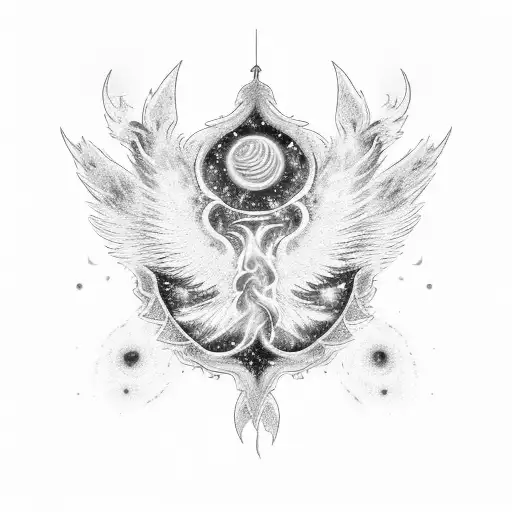 A celestial phoenix engulfed in blue flames, soaring through a galaxy filled with mesmerizing stars tattoo design idea