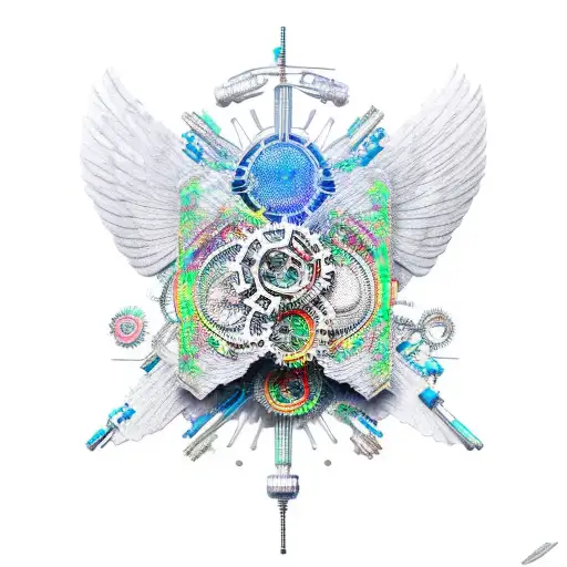 A new-school design of futuristic wings made of gears and metals, with a vibrant blue and green color scheme tattoo design idea