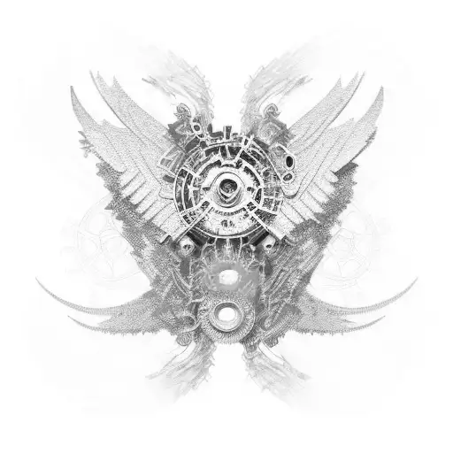 A new-school design of futuristic wings made of gears and metals, with a vibrant blue and green color scheme tattoo design idea