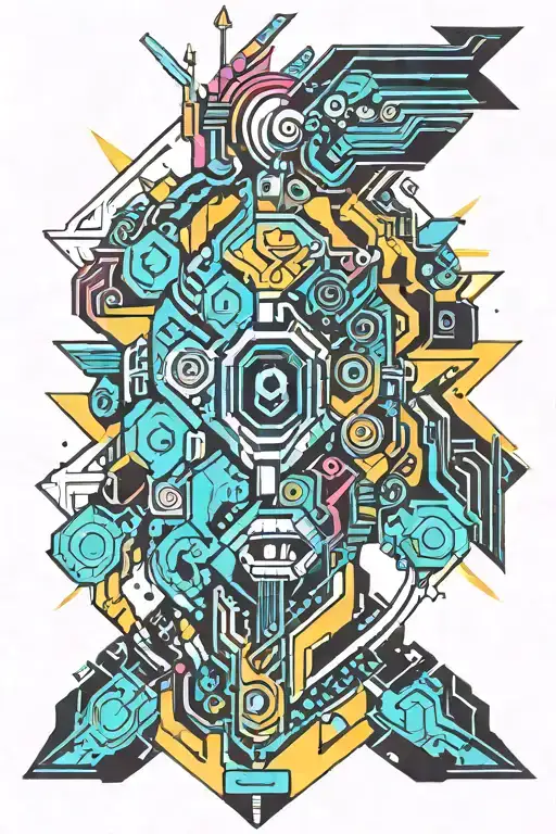 Incorporate neon colors and geometric shapes to create a futuristic cyber tribal design inspired by rave culture tattoo design idea