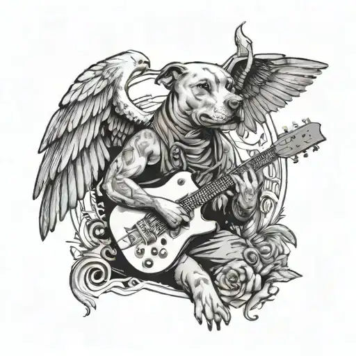 A pitbull rapper with wings like a pelican, holding a guitar and surrounded by crocodiles tattoo design idea