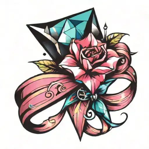 Airbushed Diamond with a ribbon centered across the diamond incorporate the colors turquoise black and pink tattoo design idea