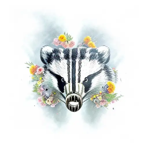 badger skull with wallflowers in its mouth tattoo design idea
