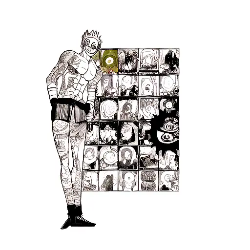 A tatoo made with a collage with diferent manga panels from the following titles: One Piece, Naruto, Bleach, Dragon Ball tattoo design idea