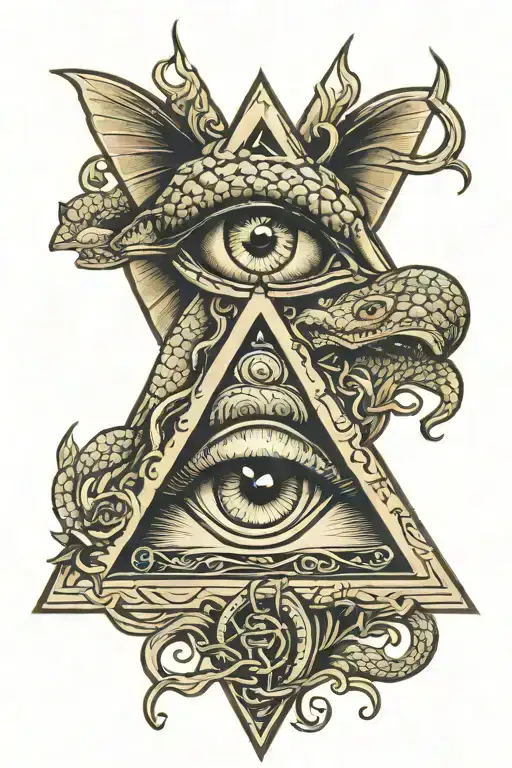 illuminati eye inside a triangle with medusa snakes covering the borders and a dragon wrapping the traingle   tattoo design idea