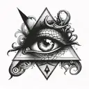 illuminati eye inside a triangle with medusa snakes covering the borders and a dragon wrapping the traingle   tattoo design idea