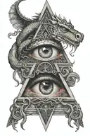 illuminati eye inside a triangle with medusa snakes covering the borders and a dragon wrapping the traingle   tattoo design idea