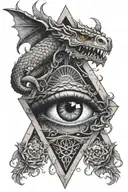 illuminati eye inside a triangle with medusa snakes covering the borders and a dragon wrapping the traingle   tattoo design idea