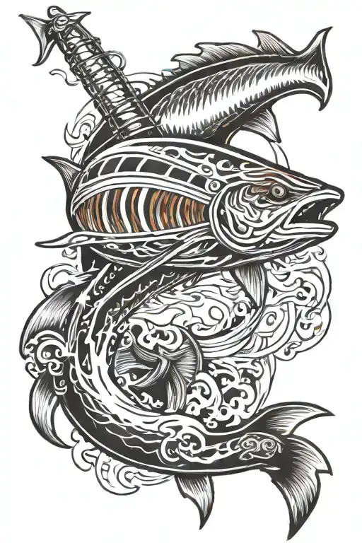 Fire Surf board Fishing tattoo design idea