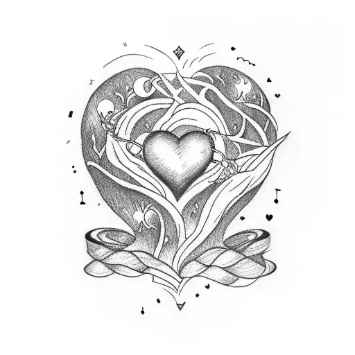 heart a moon, heart, crown, and music, and nature tattoo design idea