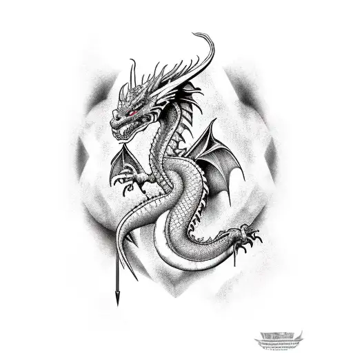 dragon red Green wise and powerfull with a Sword and a blond woman  tattoo design idea
