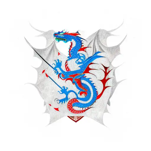 dragon red and blue and wise and powerfull with a Sword and a blond woman  tattoo design idea