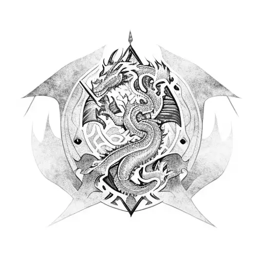 dragon red and blue and wise and powerfull with a Sword and a blond woman  tattoo design idea