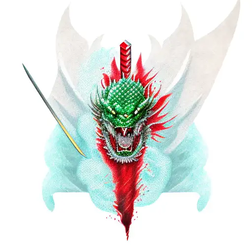 dragon red Green wise and powerfull with a Sword and a blond woman  tattoo design idea