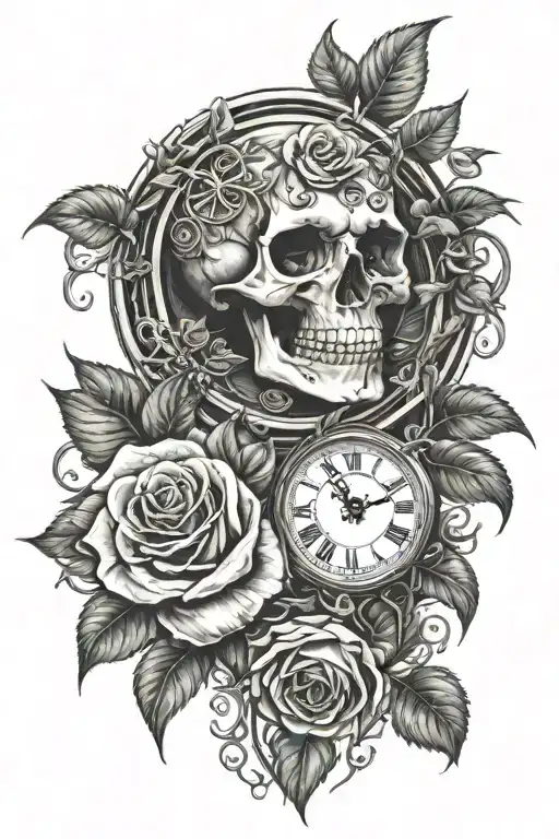 Clock face w roman numerals, rose as the face, skull surrounded with vines tattoo design idea