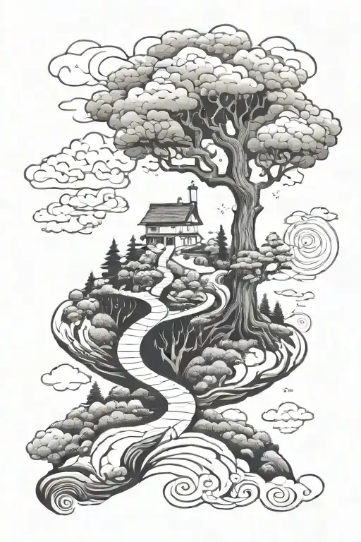 a winding road with split offs going to a cloud blended in a 999 road comes out of the clouds going to a poison tree tattoo design idea