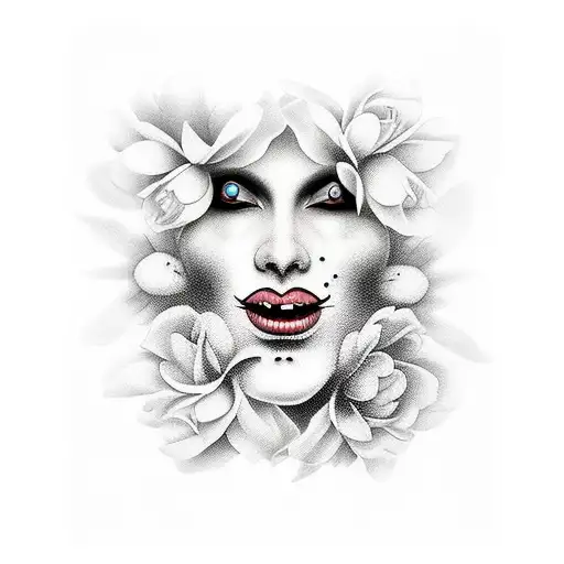 womens clown face woth flowers surrounding tattoo design idea