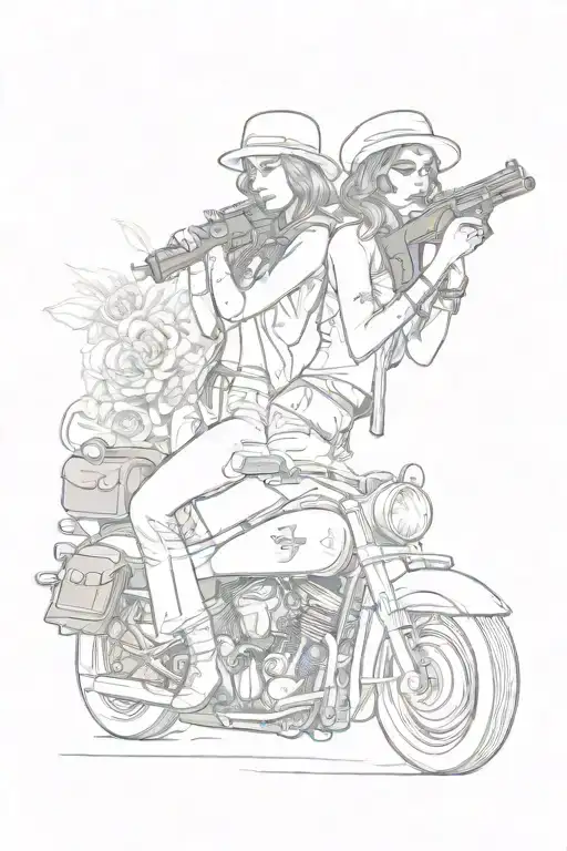 Bonnie 'n Clyde inspired design featuring a sexy Bonnie holding a gun on a motorcycle and money flying out of a bag tattoo design idea