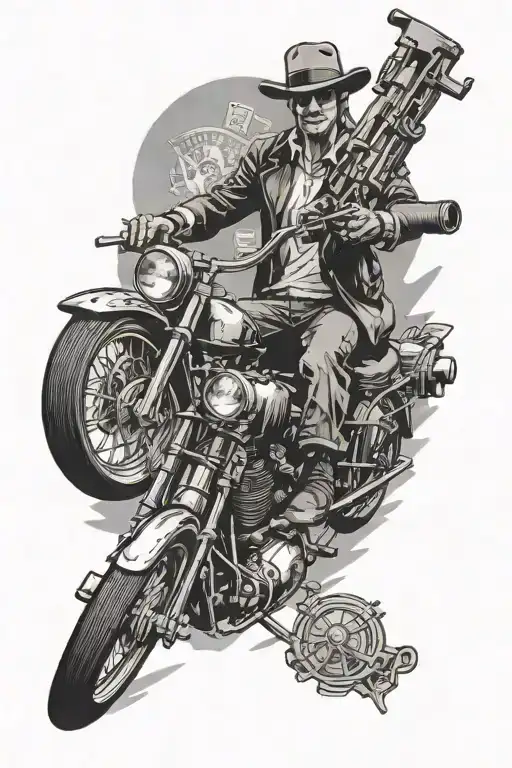 a sexy Bonnie holding a gun on a motorcycle and money flying out of a bag & clyde driving the bike tattoo design idea