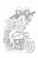 Bonnie 'n Clyde inspired design featuring a sexy Bonnie holding a gun on a motorcycle and money flying out of a bag tattoo design idea