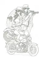 Bonnie 'n Clyde inspired design featuring a sexy Bonnie holding a gun on a motorcycle and money flying out of a bag tattoo design idea