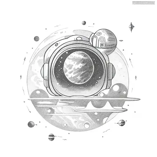 space person sitting in a planet sorrounded by magic oceanic motives tattoo design idea