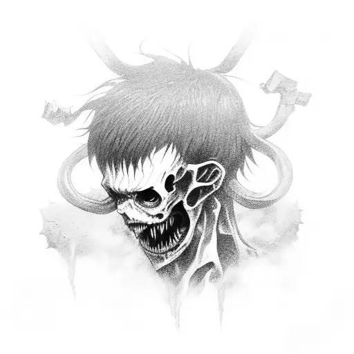 A menacing Attack on Titan character surrounded by horror-inspired elements tattoo design idea