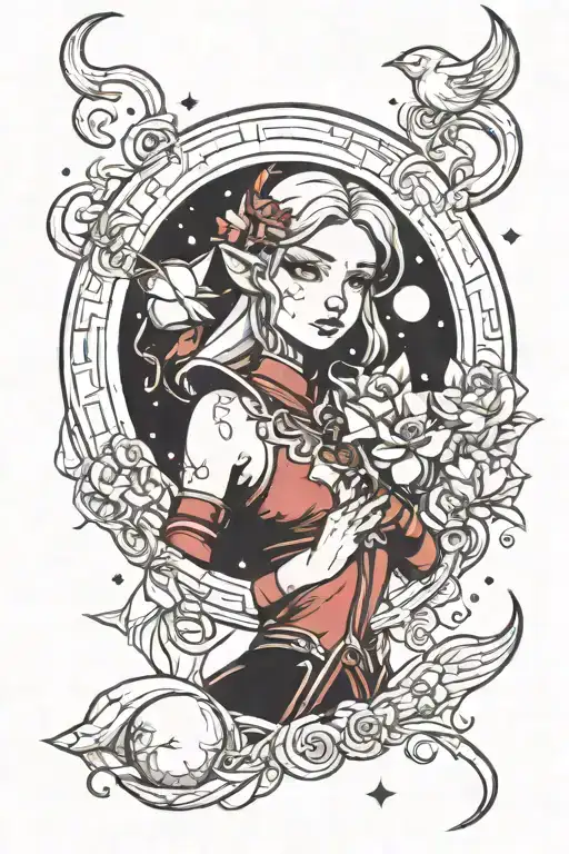 moon and elf girl tattoo design idea