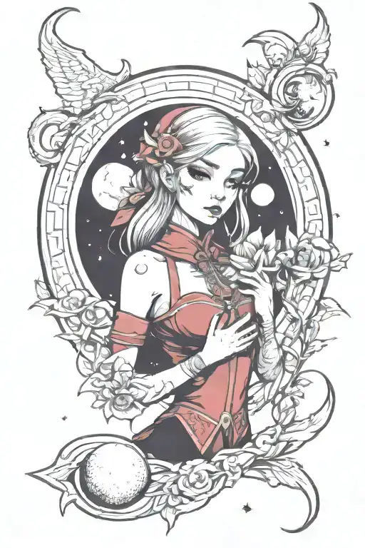 moon and elf girl tattoo design idea