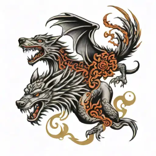 wolf and dragon surrounded tattoo design idea