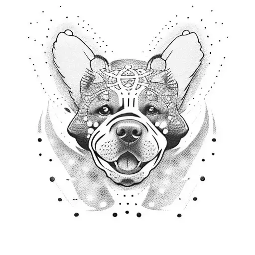 A dotwork tattoo of a cheerleader performing a high-flying stunt, with paw print patterns representing your two dogs incorporated into the design tattoo design idea