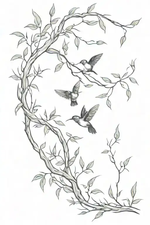 A serene landscape of a weeping willow tree with hummingbirds flitting around it, surrounded by intricate leafy vines tattoo design idea