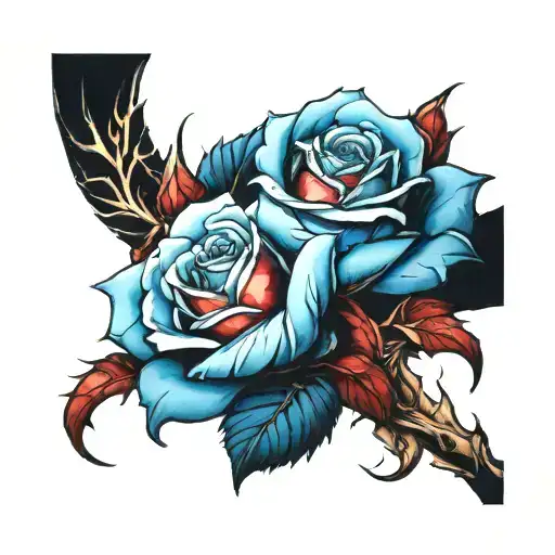 arm sleeve. blue roses with thorns suffocating the arm. There are faint red roses underneath  tattoo design idea