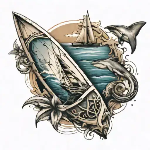 Anchored windsurfing board surrounded by shark tooth border tattoo design idea