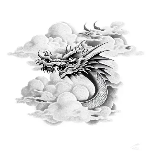 Dragon, clouds, birds tattoo design idea